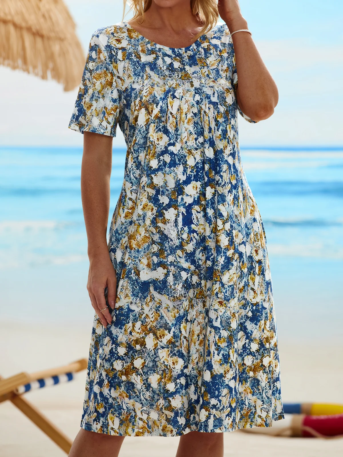 JFN Round Neck Abstract Floral Casual Midi Dress