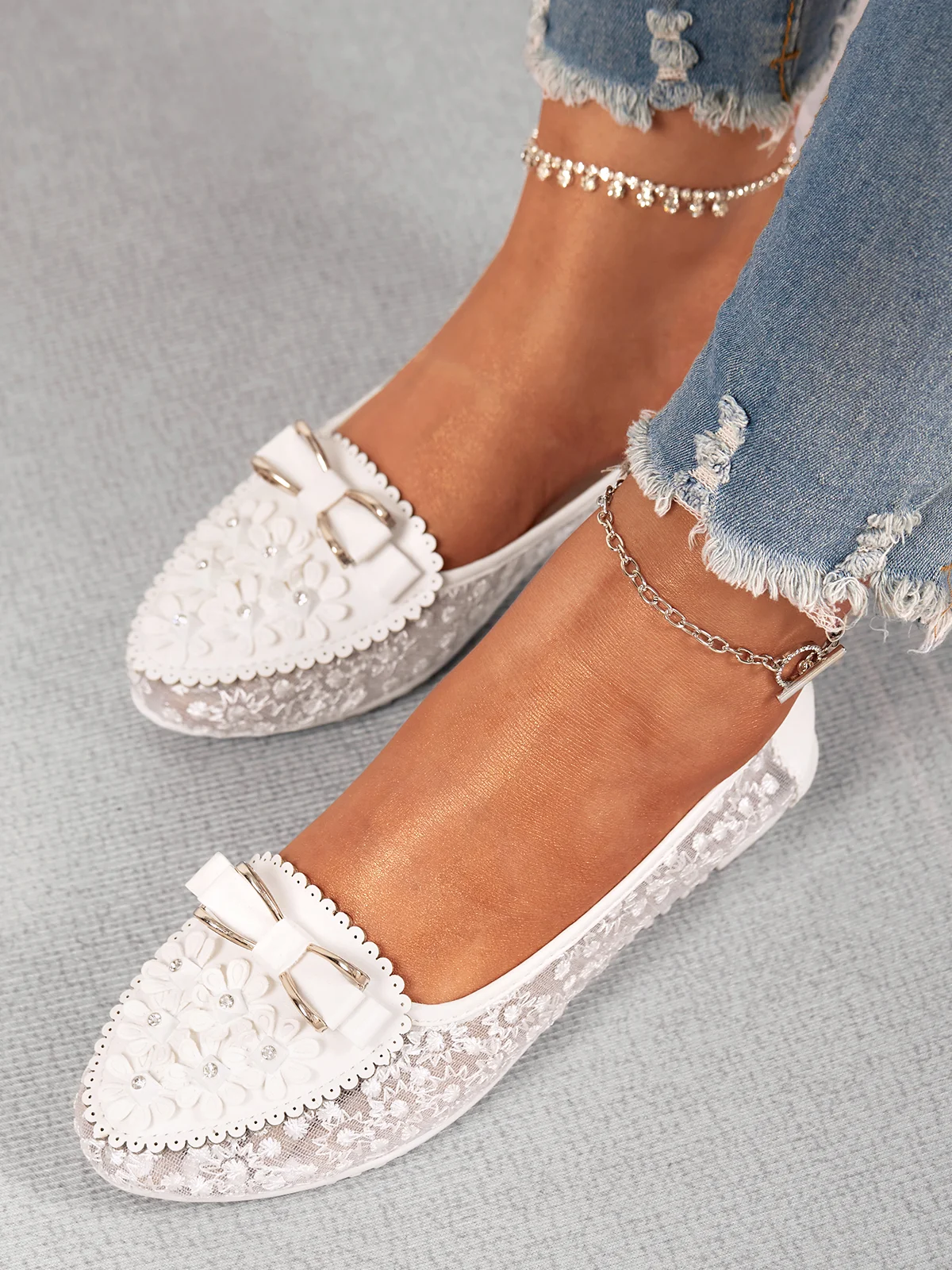 Elegant Applique Bowknot Decor Wedding Bridal Shoes Lace Split Joint Ballet Flats