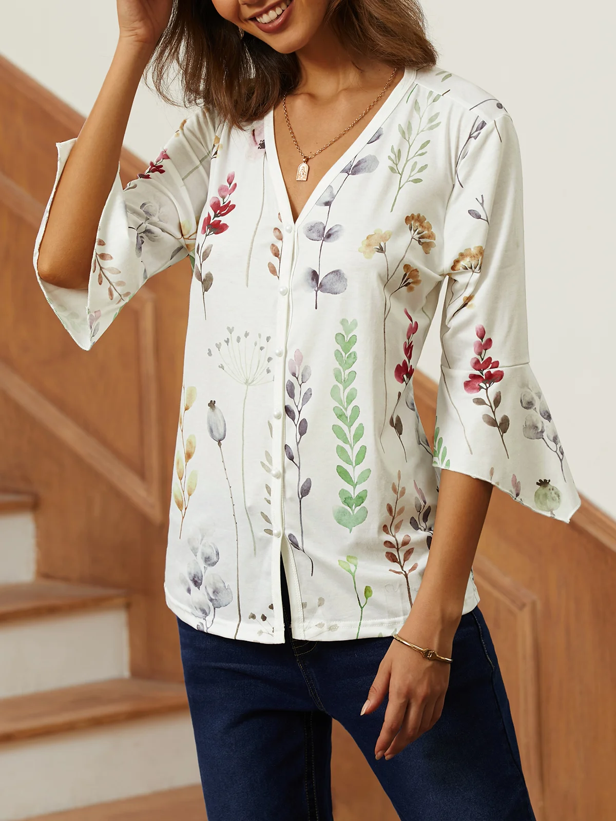 Wrap Casual Loose Floral Blouse