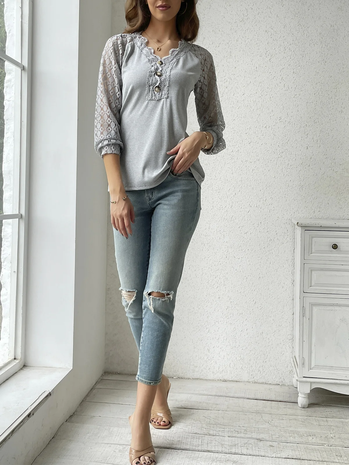 V Neck Casual Plain Lace Bukle T-Shirt