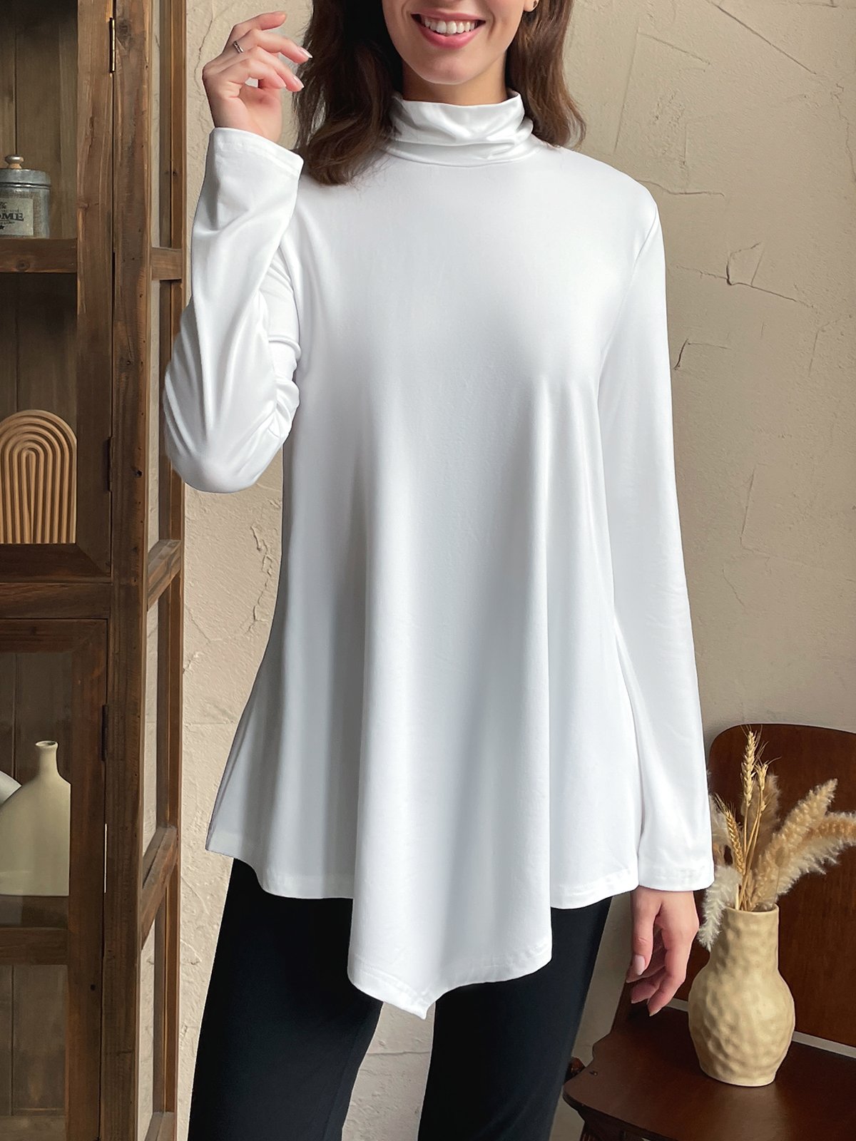 Casual Plain Turtleneck T-Shirt Asymmetric Tunic