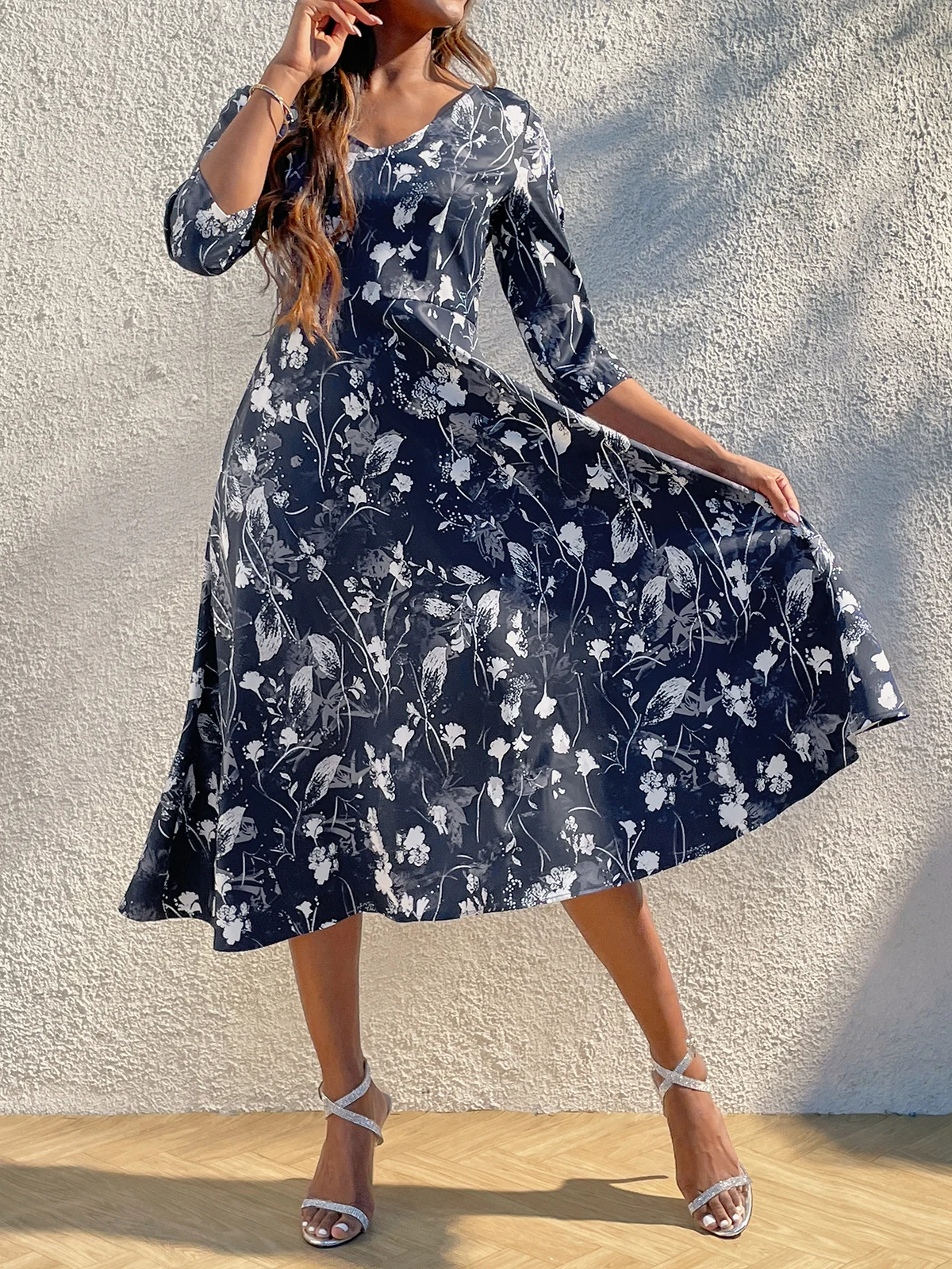 Elegant V Neck Floral Swing Dress