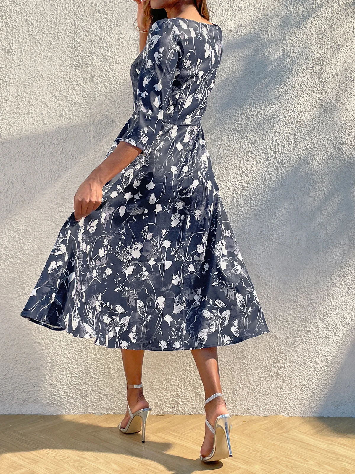 Elegant V Neck Floral Swing Dress