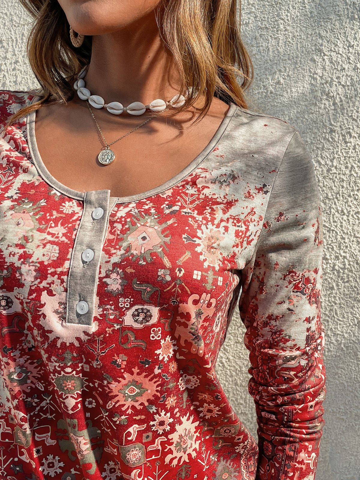 Women's  Red Geometric Printed Long Sleeve Home Casual Basic Scoop Neck Standard Relaxed Fit t-shirt