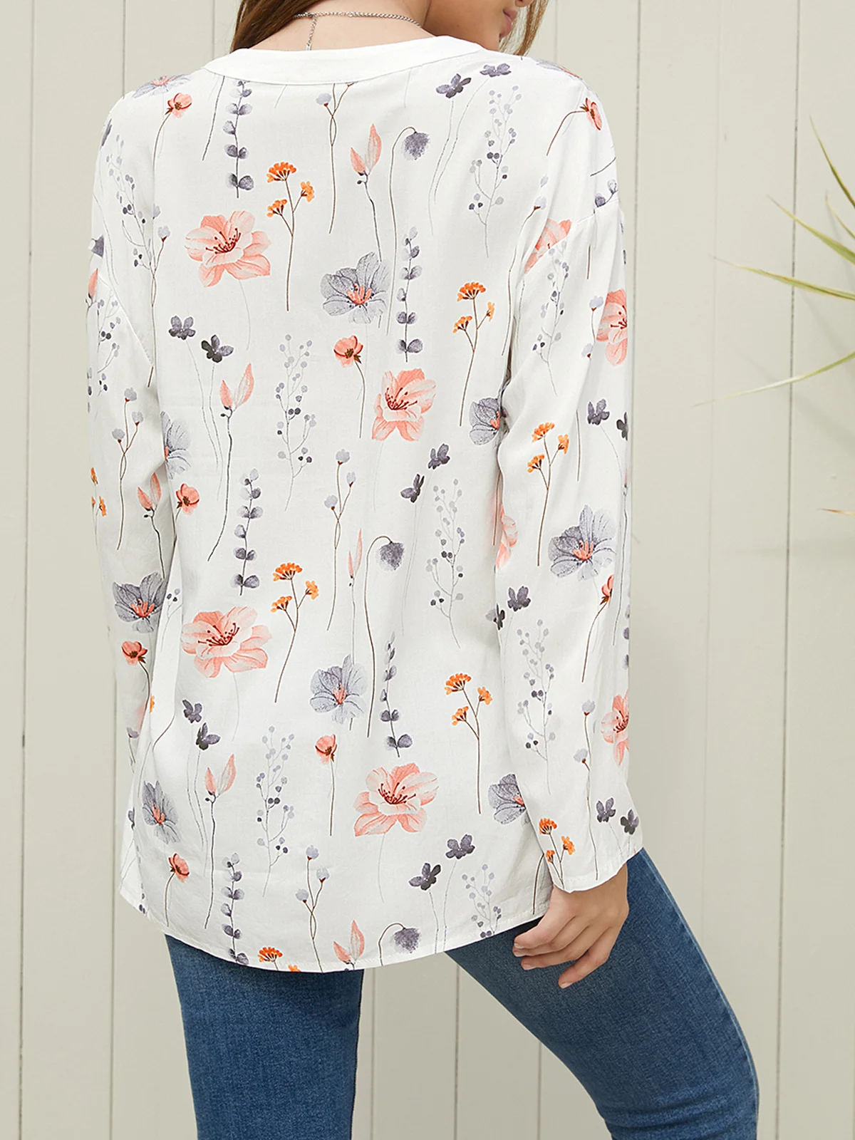 V Neck Casual Loose Buttoned Blouse