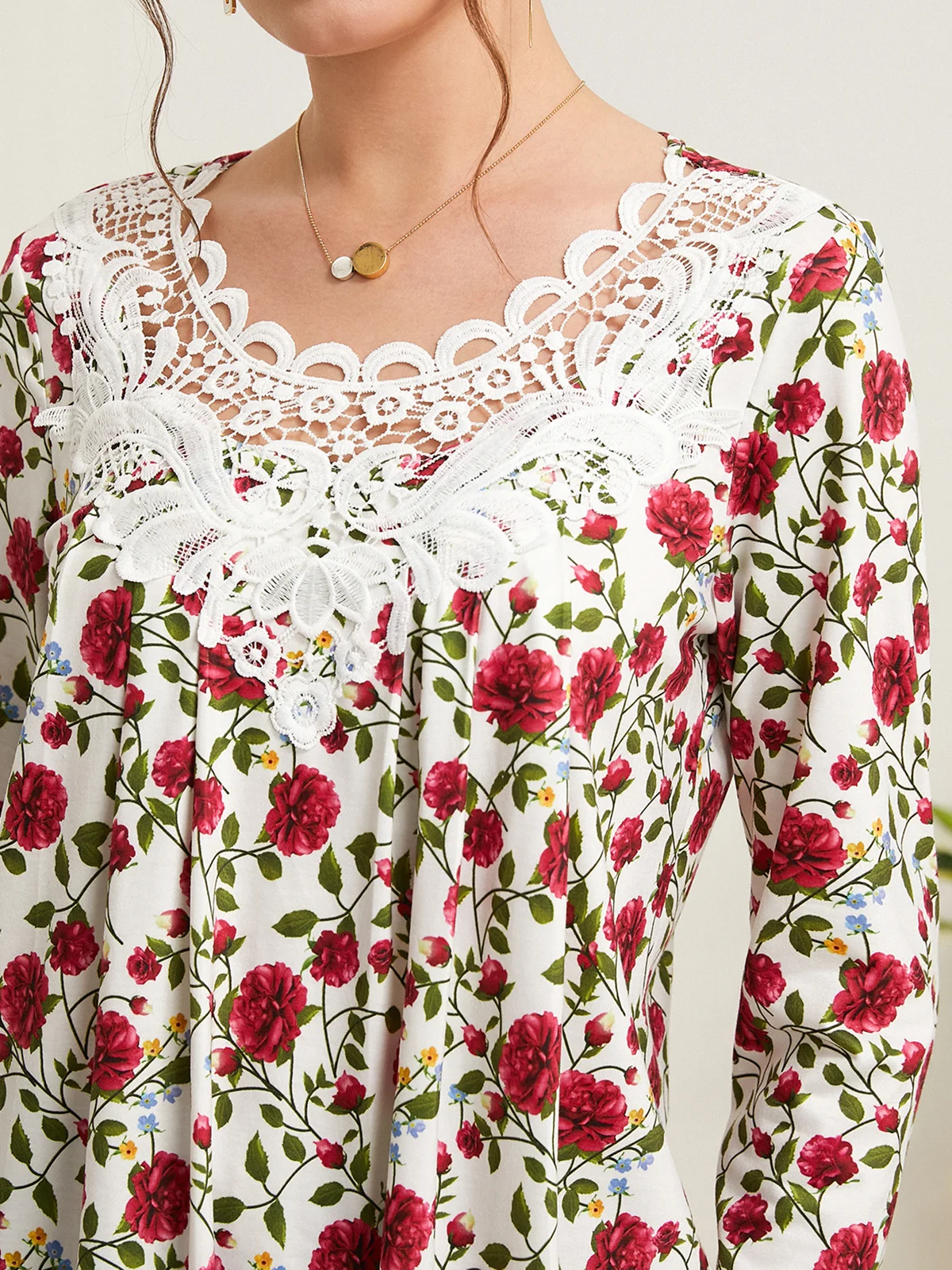 Floral Lace Crew Neck Spring Casual Blouse