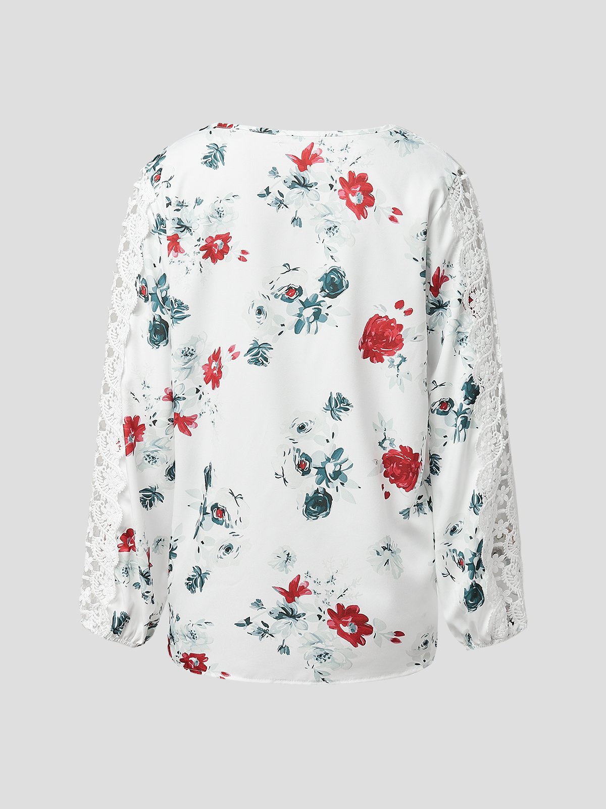 Women Floral Print Lace Patchwork Long Sleeve V Neck Holiday Blouse