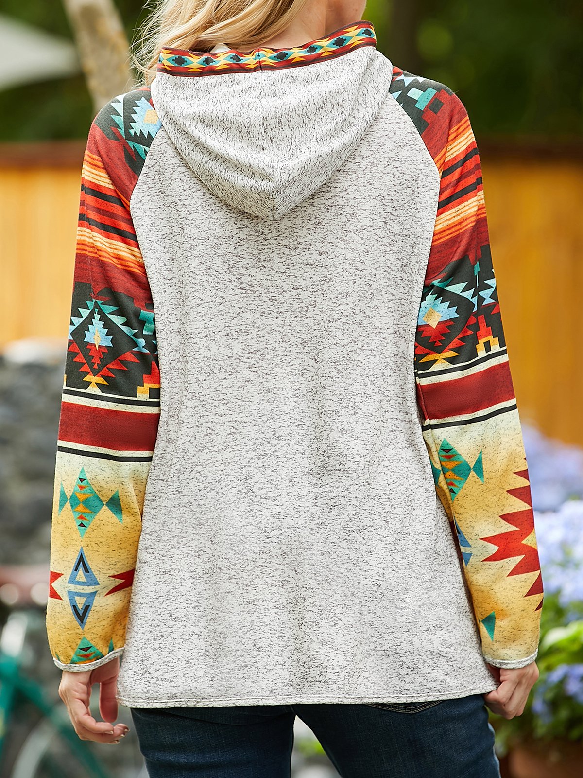 JFN Buttoned Hooded Western geometric blends print Sweatshirts