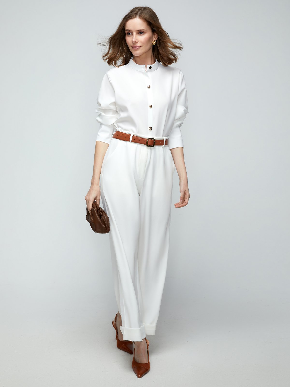JFN Stand Collar Solid Buttoned Basic Blouse