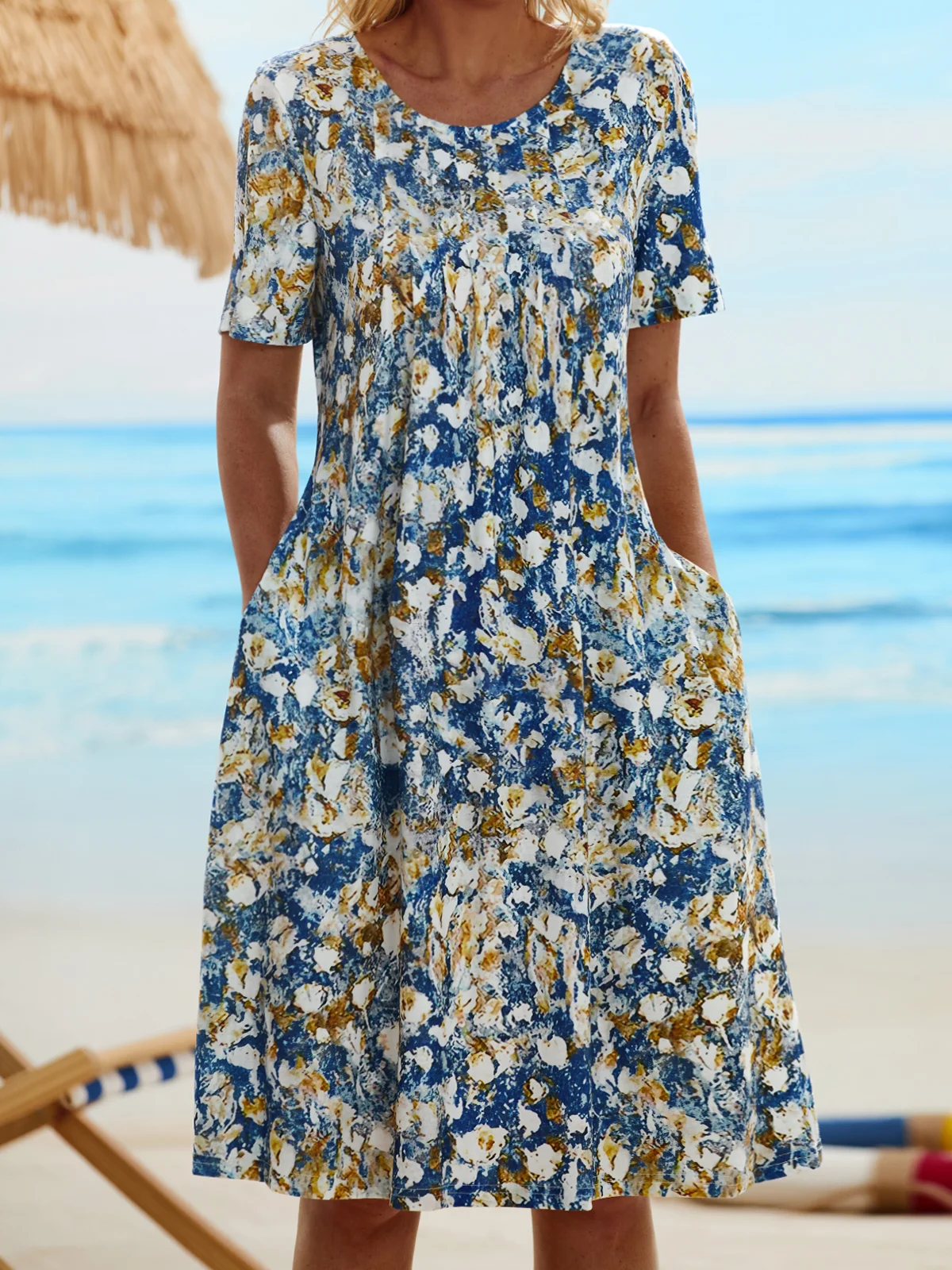 JFN Round Neck Abstract Floral Casual Midi Dress | justfashionnow