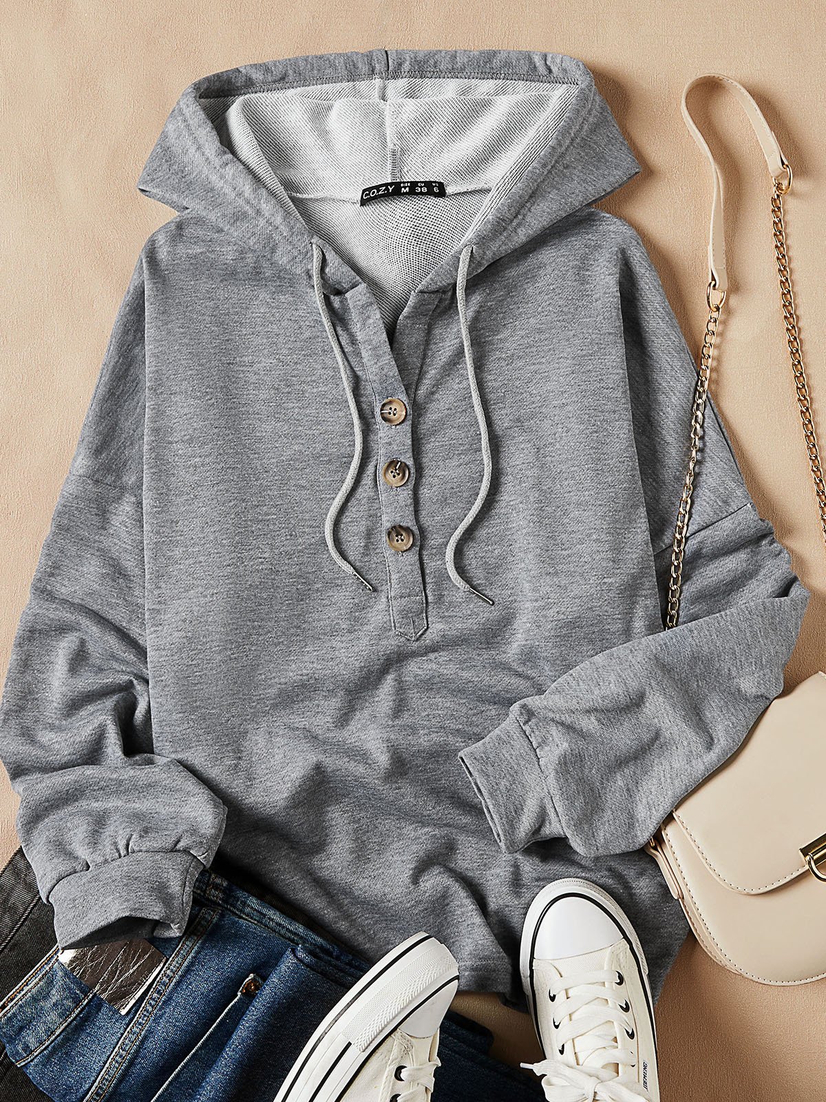 Women's Solid Color Hooded Button Drawstring Sweatshirt