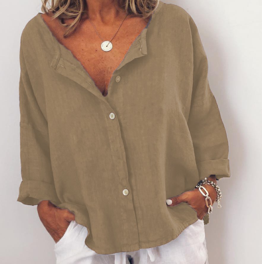 JFN Shawl Collar Casual Solid Long Sleeve Buttoned Top