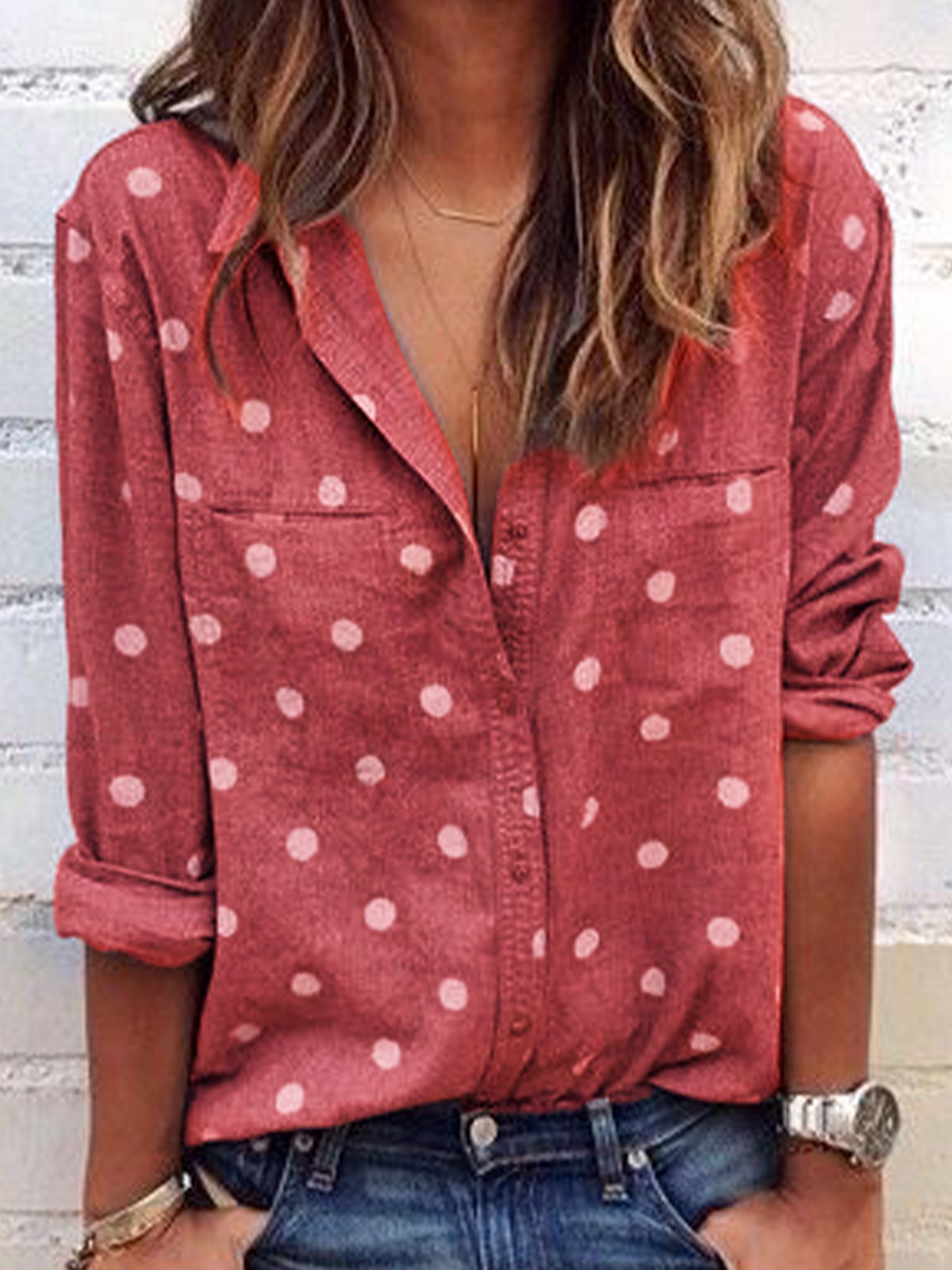 Womens Clothing  Long Sleeve Polka Dots Shirt