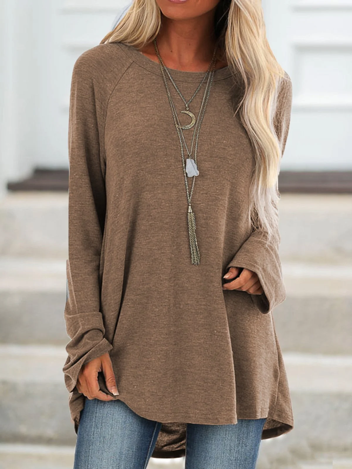 Solid Round Neck Loose Long Sleeves T-shirt