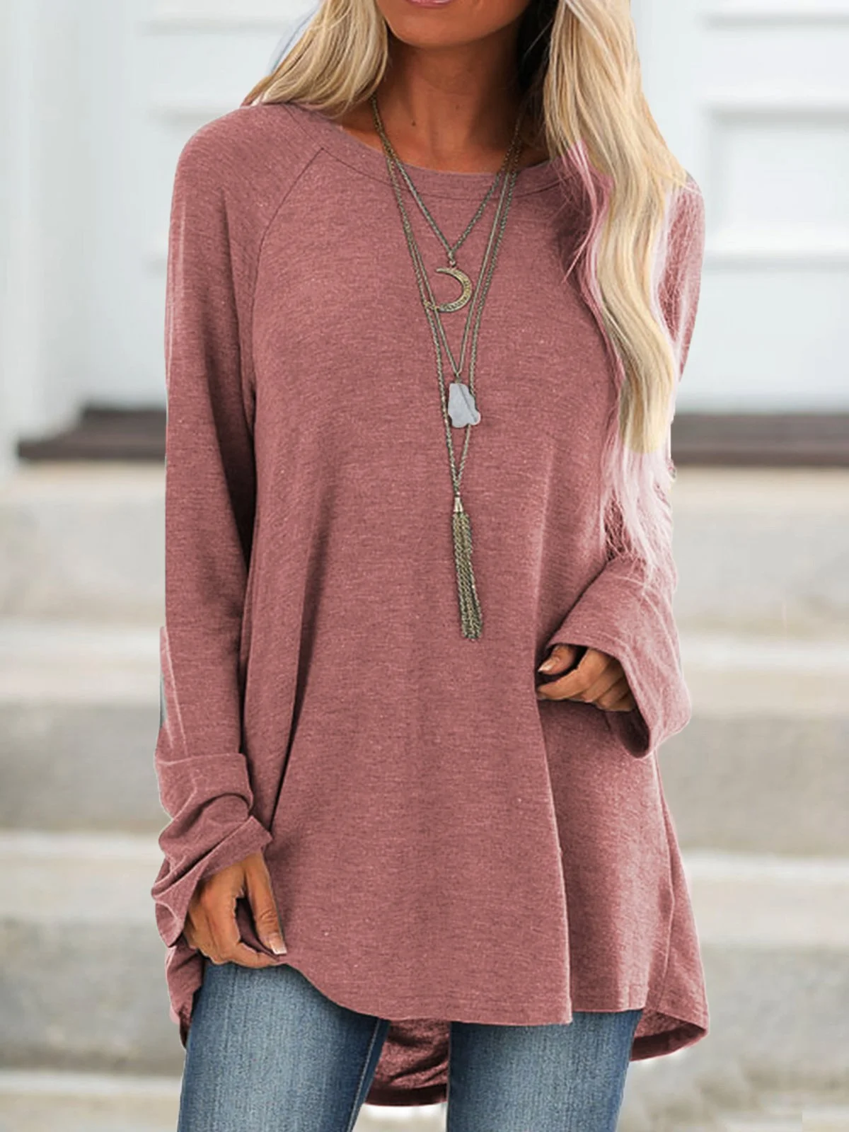 Solid Round Neck Loose Long Sleeves T-shirt