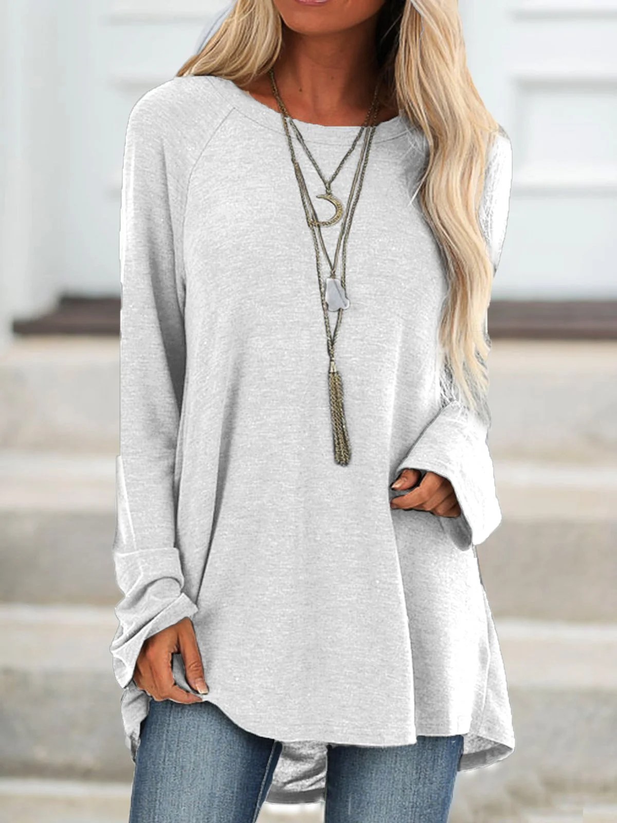 Solid Round Neck Loose Long Sleeves T-shirt