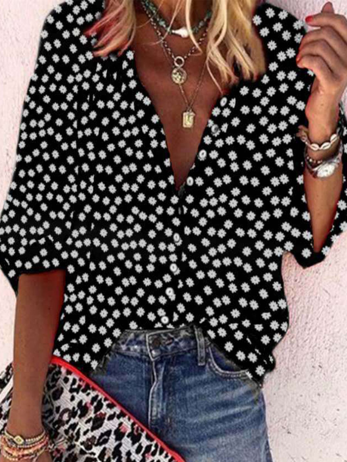 JFN V Neck Floral Printed Casual Geometric Half Sleeve Shirt