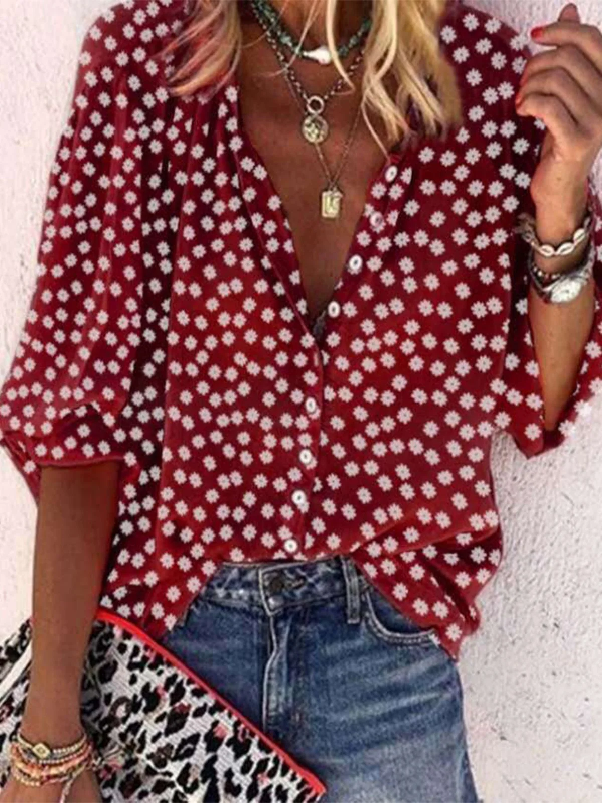 JFN V Neck Floral Printed Casual Geometric Half Sleeve Shirt