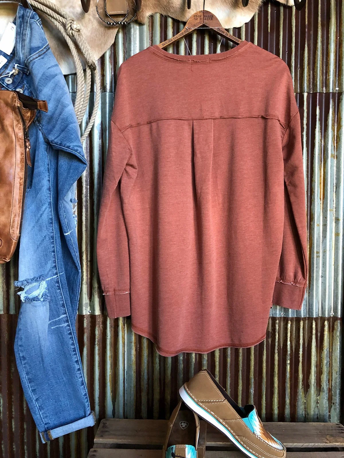 Brick Red Casual Plain Long Sleeve Sweatshirts