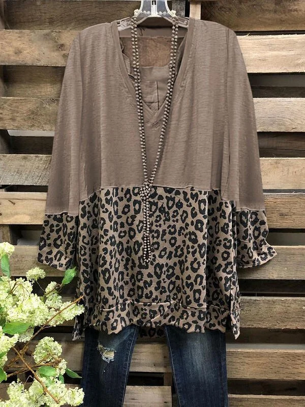 Color Block Leopard V-Neck Long Sleeves Casual Blouses | justfashionnow