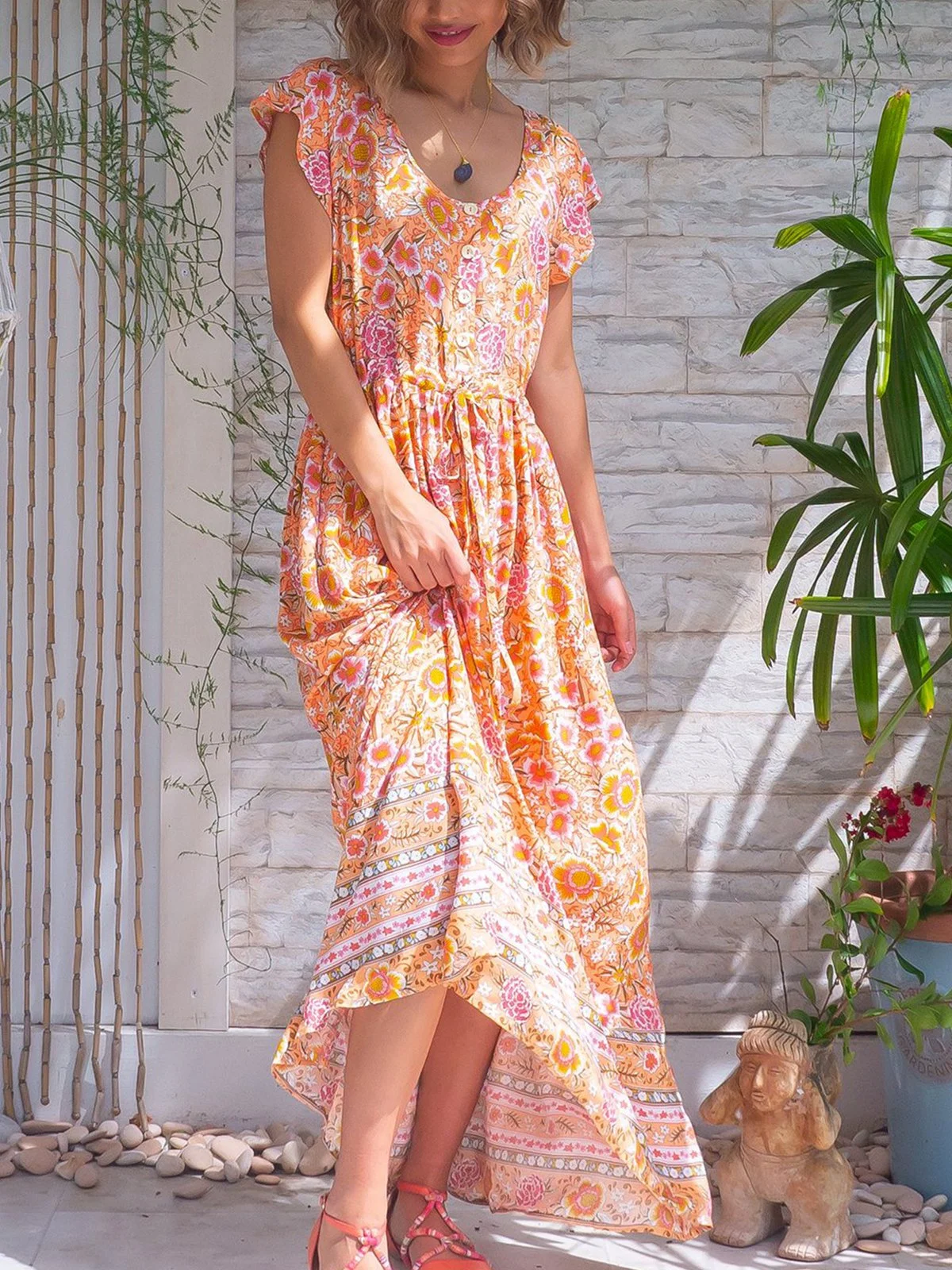 Ditsy Floral Shift Boho Frill Sleeve Cotton-Blend Weaving Dress