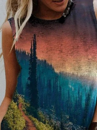 Casual Mountain and Forest Print Sleeveless T-shirt