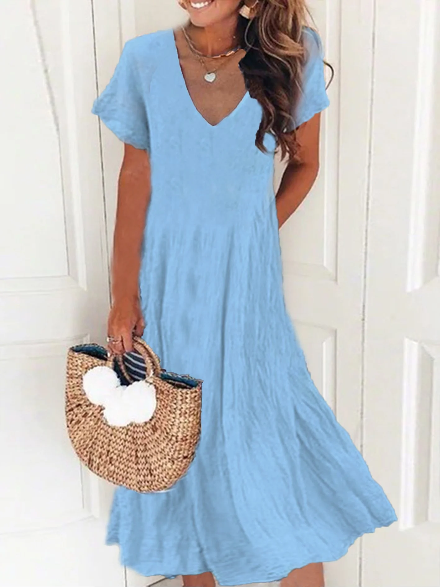 Women's Short Sleeve Summer Plain Dress V Neck Daily Going Out Casual Midi H-Line Dress