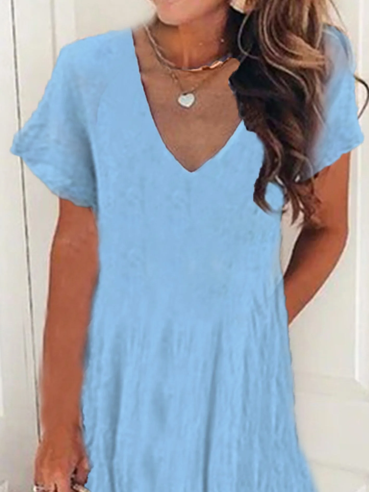 Women's Short Sleeve Summer Plain Dress V Neck Daily Going Out Casual Midi H-Line Dress