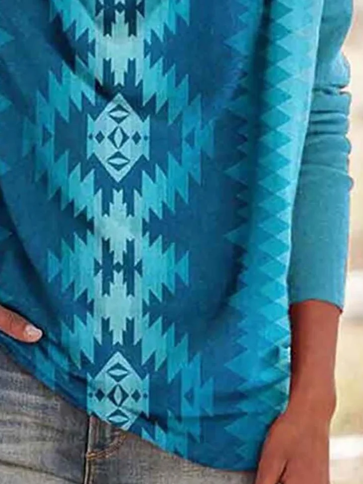 Casual Geometric Long Sleeve Cotton-Blend Shirt & Top
