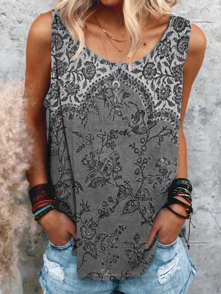 Women's Sleeveless Blouse Summer Geometric Jersey Crew Neck Beach Going Out Vintage Top