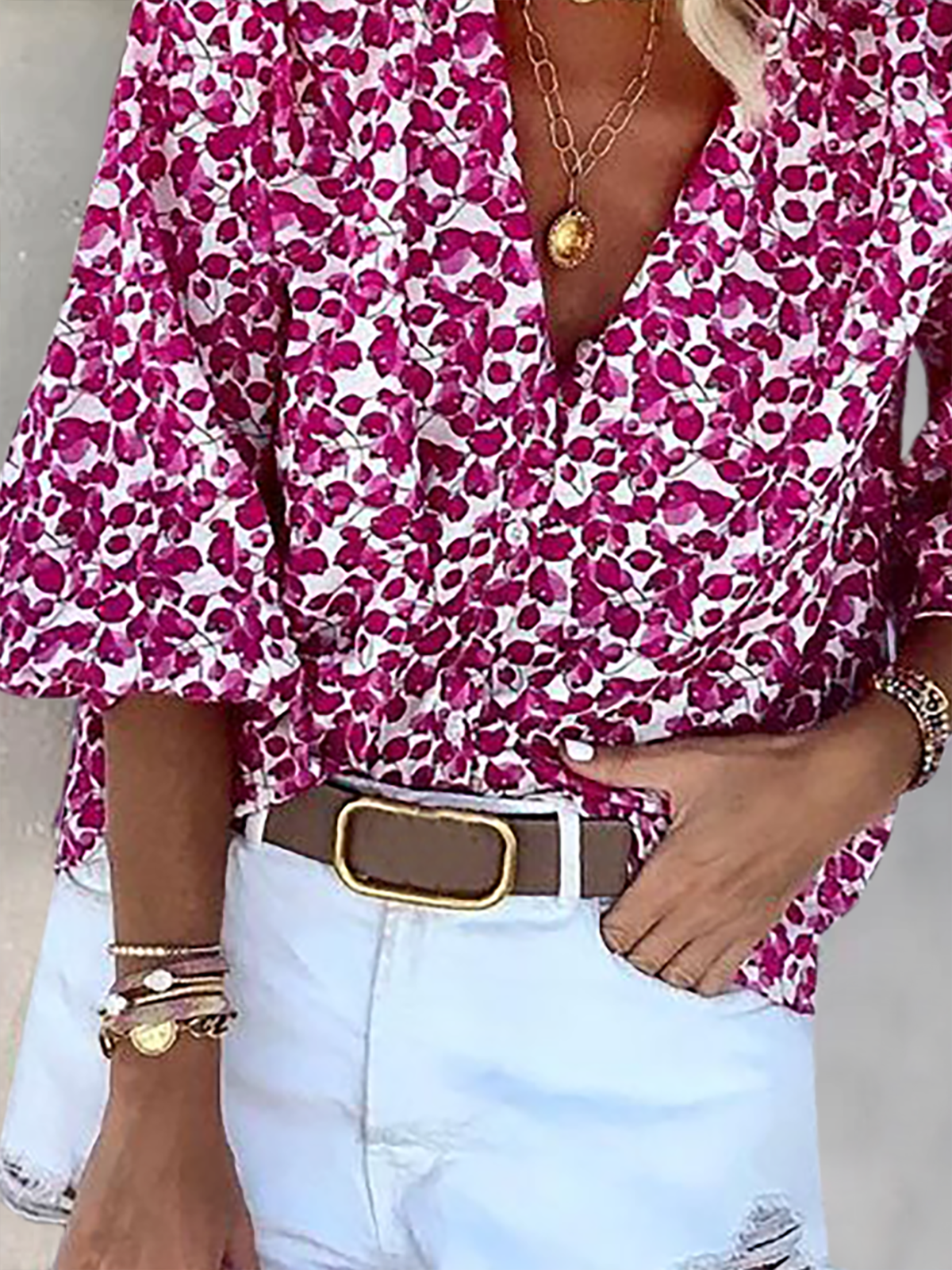 Women's Geometric Three Quarter Sleeve Shirt Spring/Fall V Neck Beach Sweet Top