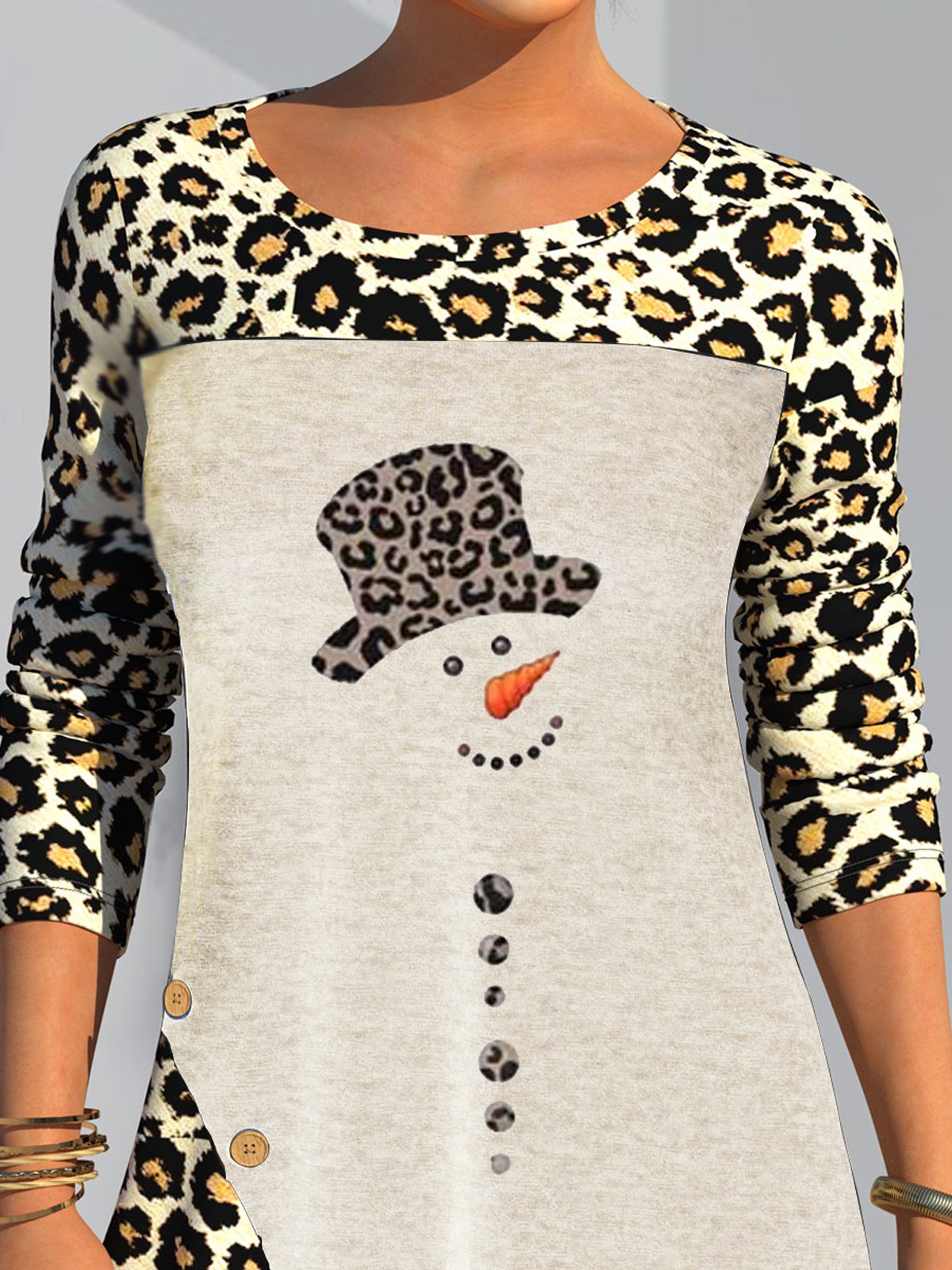 Christmas Snowman Regular Fit Leopard Buttoned Shirts & Tops