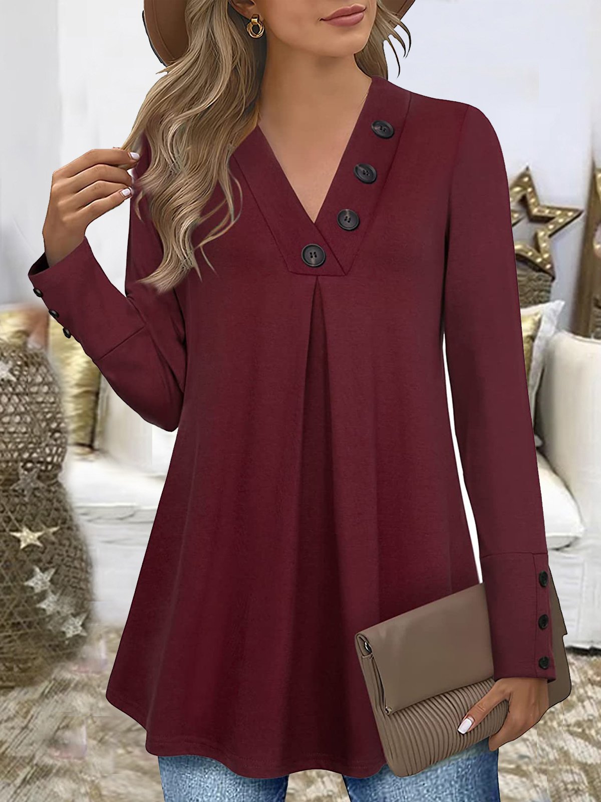 JFN V Neck Solid Buttoned Casual Tunic Top