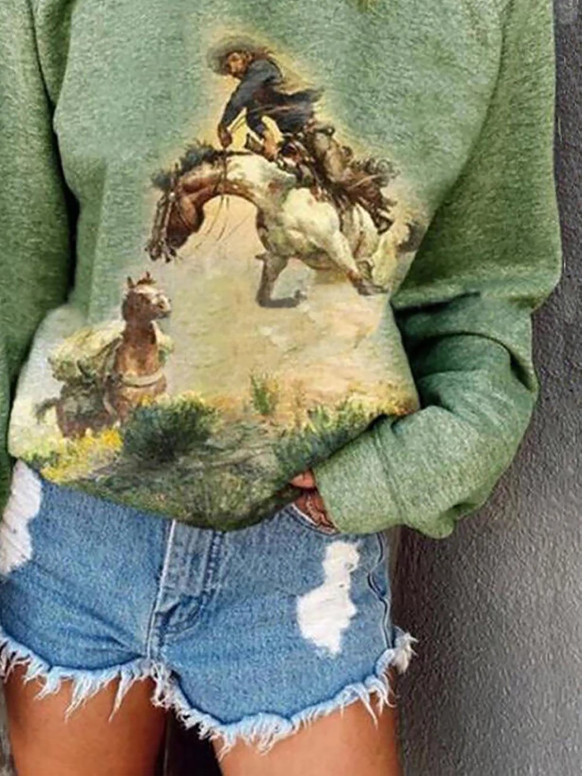 Vintage Horse Painting Raglan Sleeve Round Neck Casual Pullover Sweatshirt