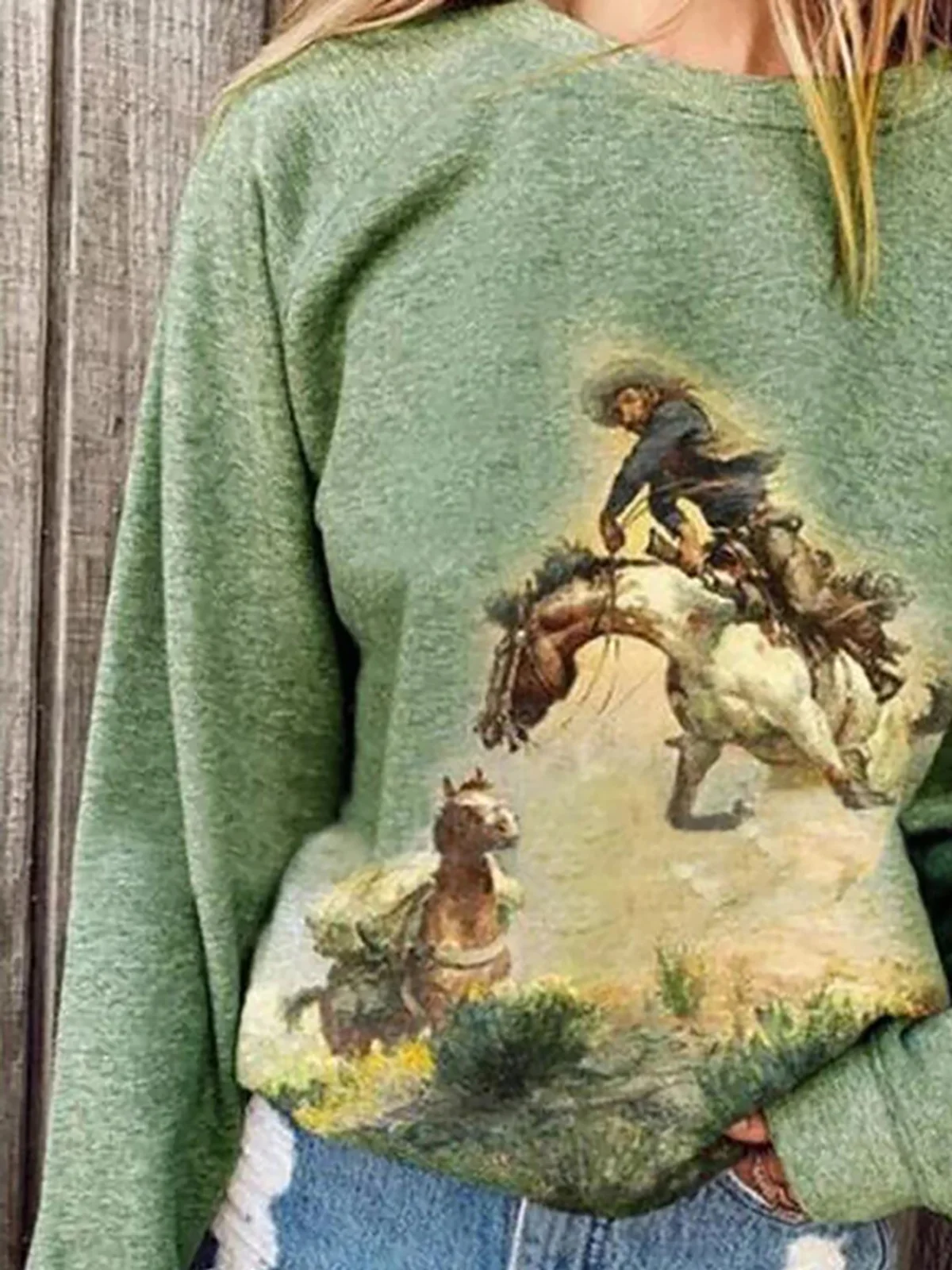Vintage Horse Painting Raglan Sleeve Round Neck Casual Pullover Sweatshirt