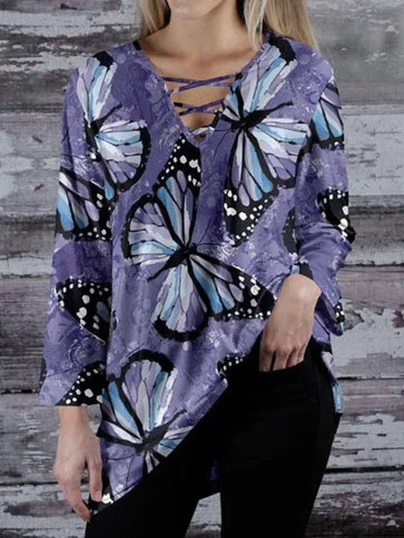 V Neck Butterfly Printed Long Sleeve T-shirt