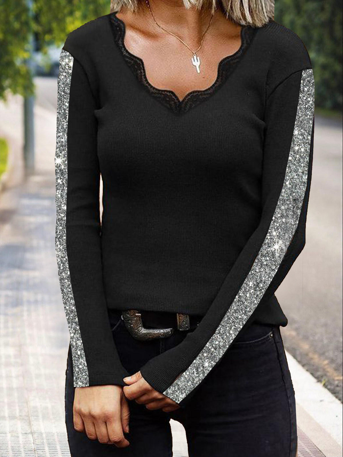 Long sleeve V-neck lace Sequin fit top T-shirt Plus Size | justfashionnow