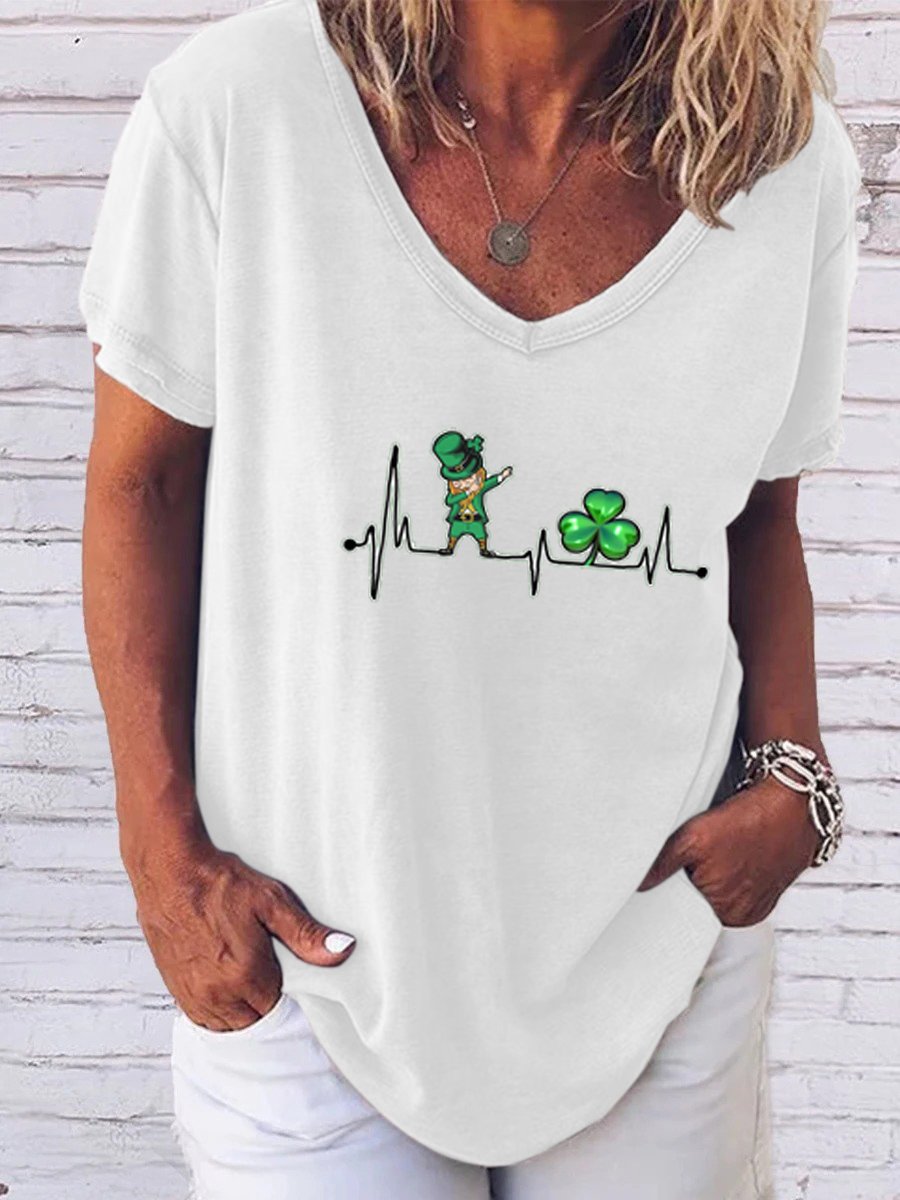 Women's Irish Shamrock Short Sleeve Tee T-shirt V Neck Casual Summer Top