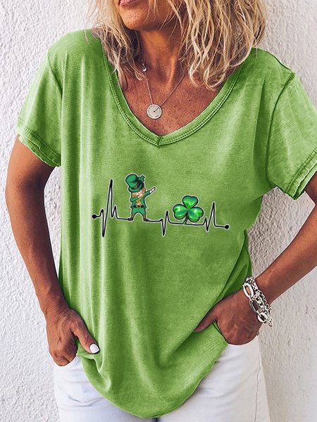 Women's Irish Shamrock Short Sleeve Tee T-shirt V Neck Casual Summer Top