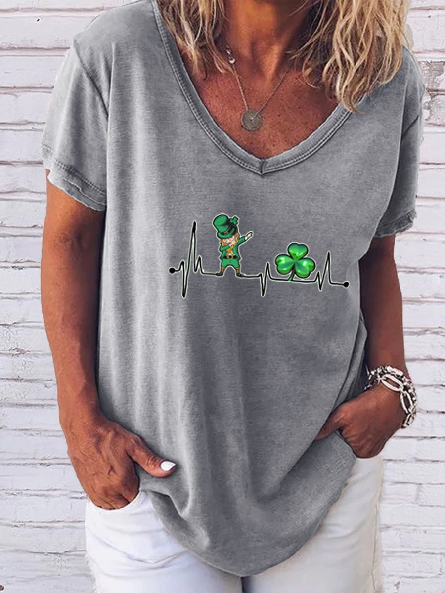 Women's Irish Shamrock Short Sleeve Tee T-shirt V Neck Casual Summer Top