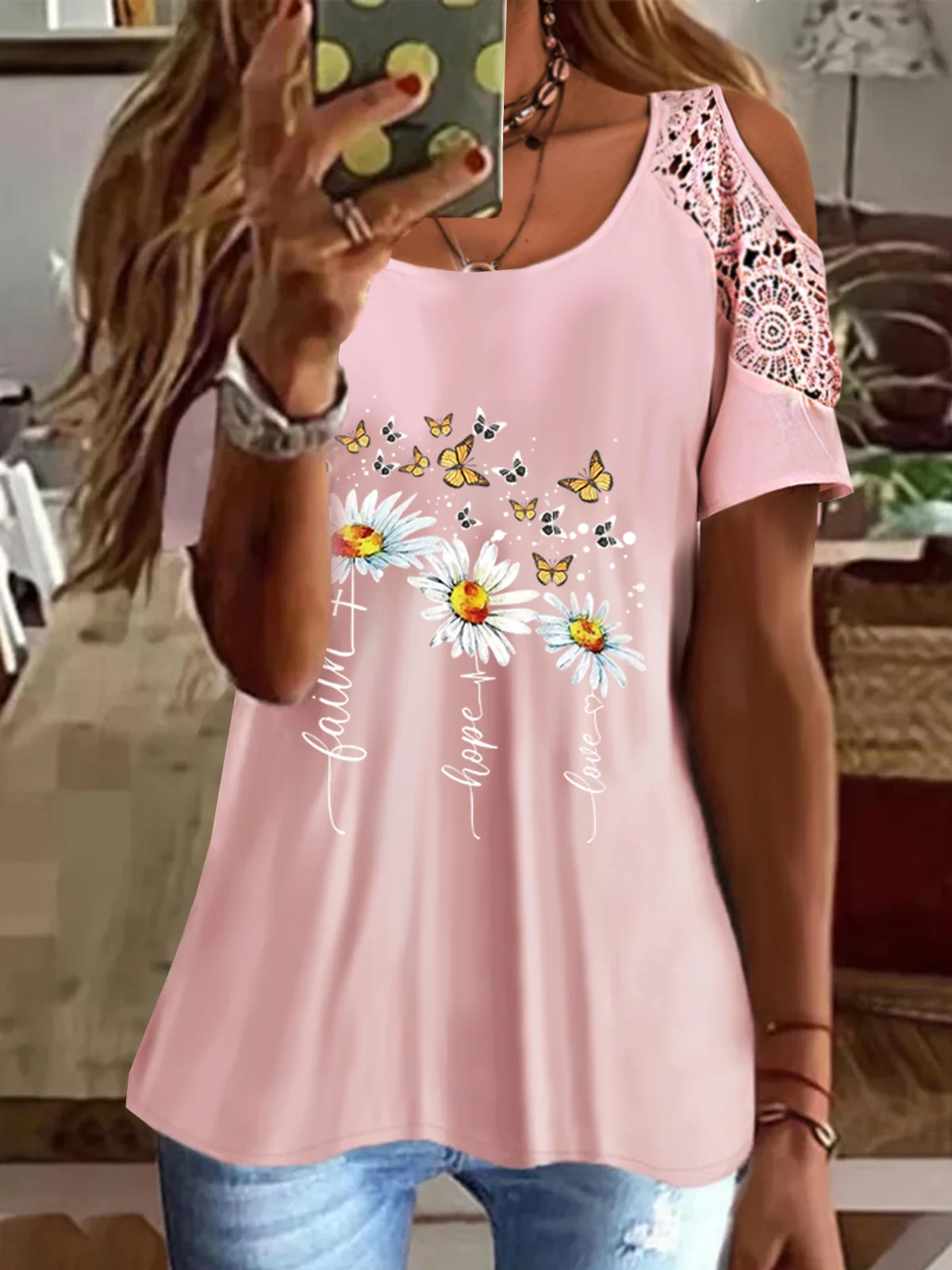 Women's Short Sleeve Tee T-shirt Summer Floral Lace Jersey Crew Neck Daily Going Out Casual Top