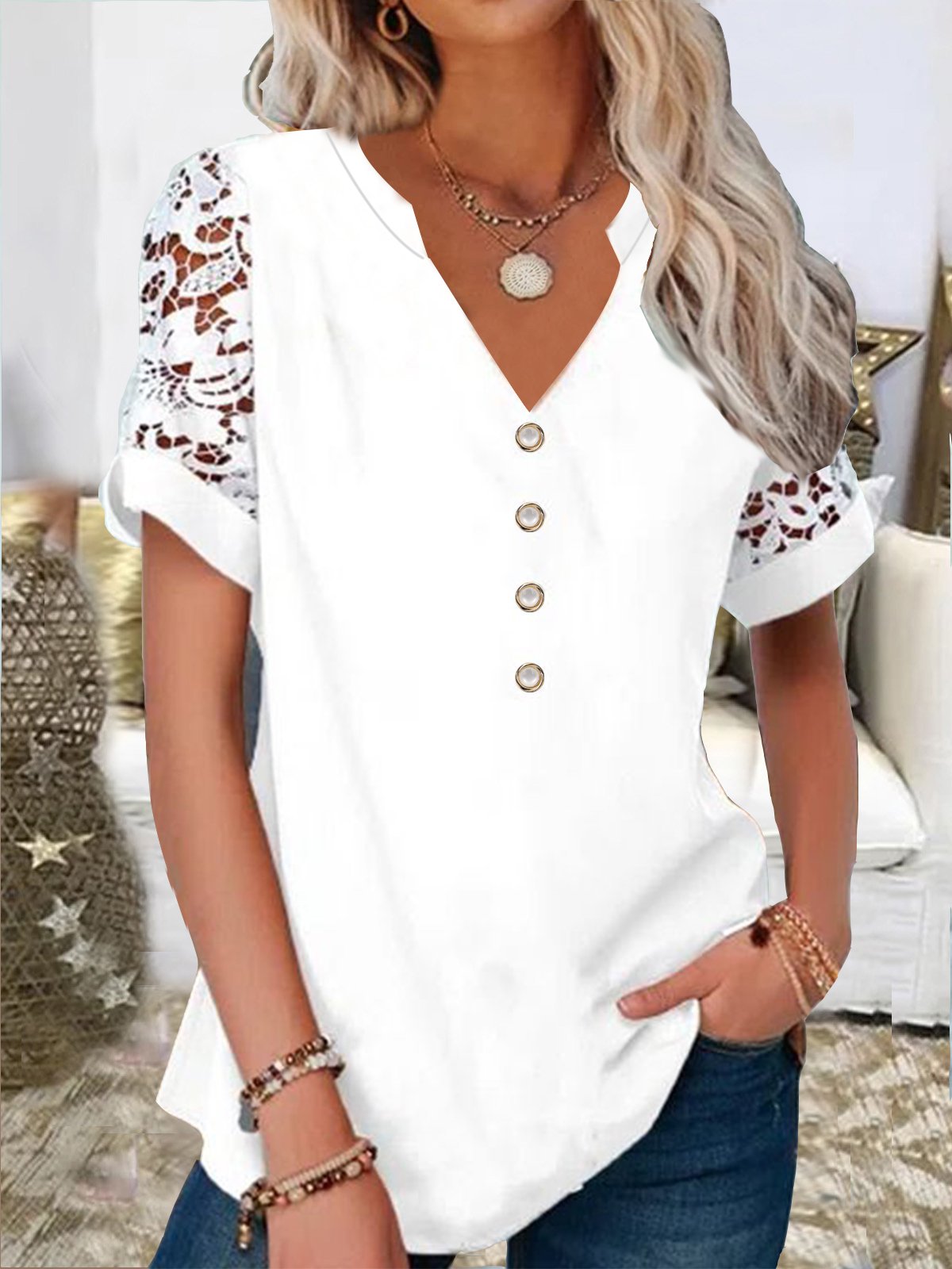 JFN V Neck Lace Cut-Out Basic T-Blouse/Tee