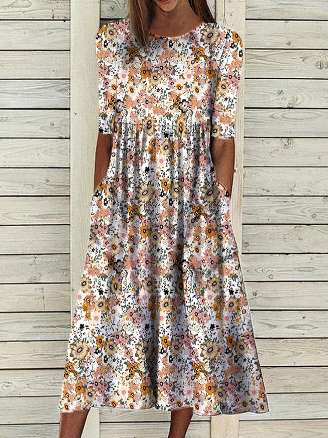 Loosen Casual Floral Short Sleeve Woven Dress | justfashionnow