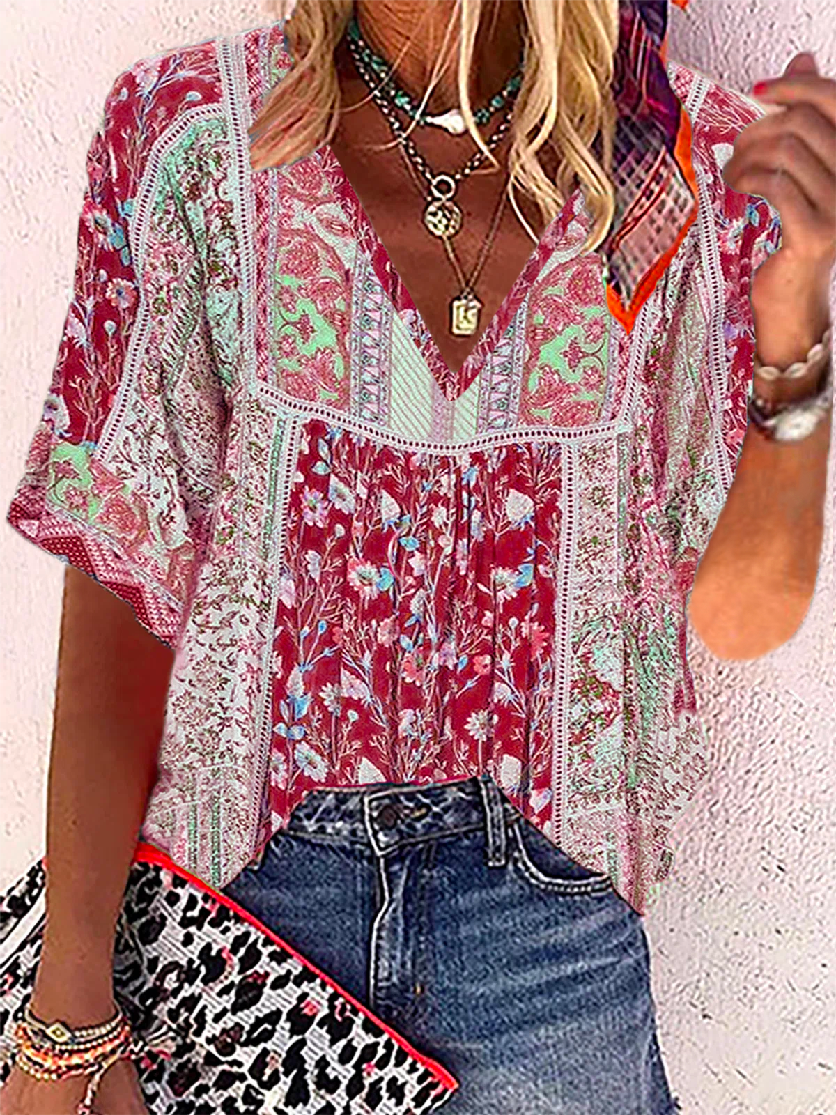 Women's Short Sleeve Blouse Summer Ethnic V Neck Daily Going Out Casual Top