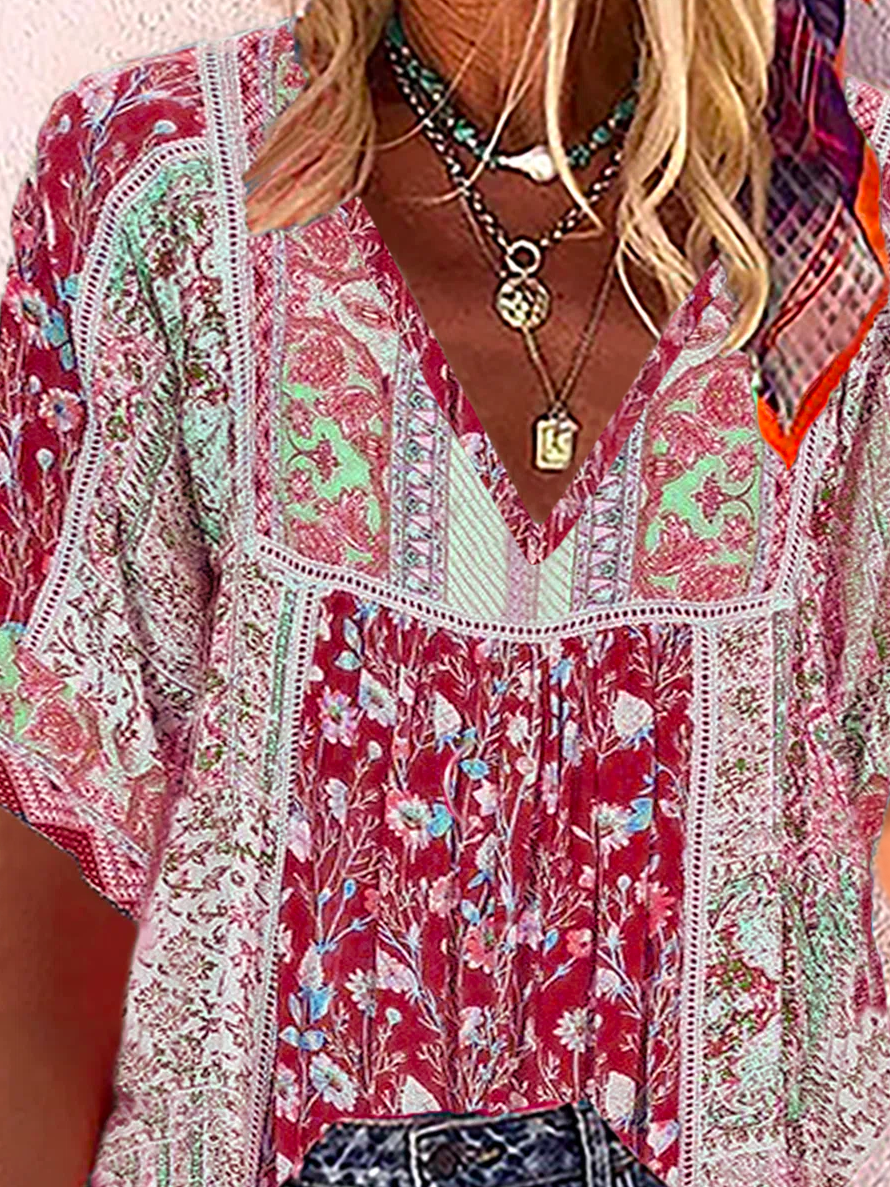 Women's Short Sleeve Blouse Summer Ethnic V Neck Daily Going Out Casual Top