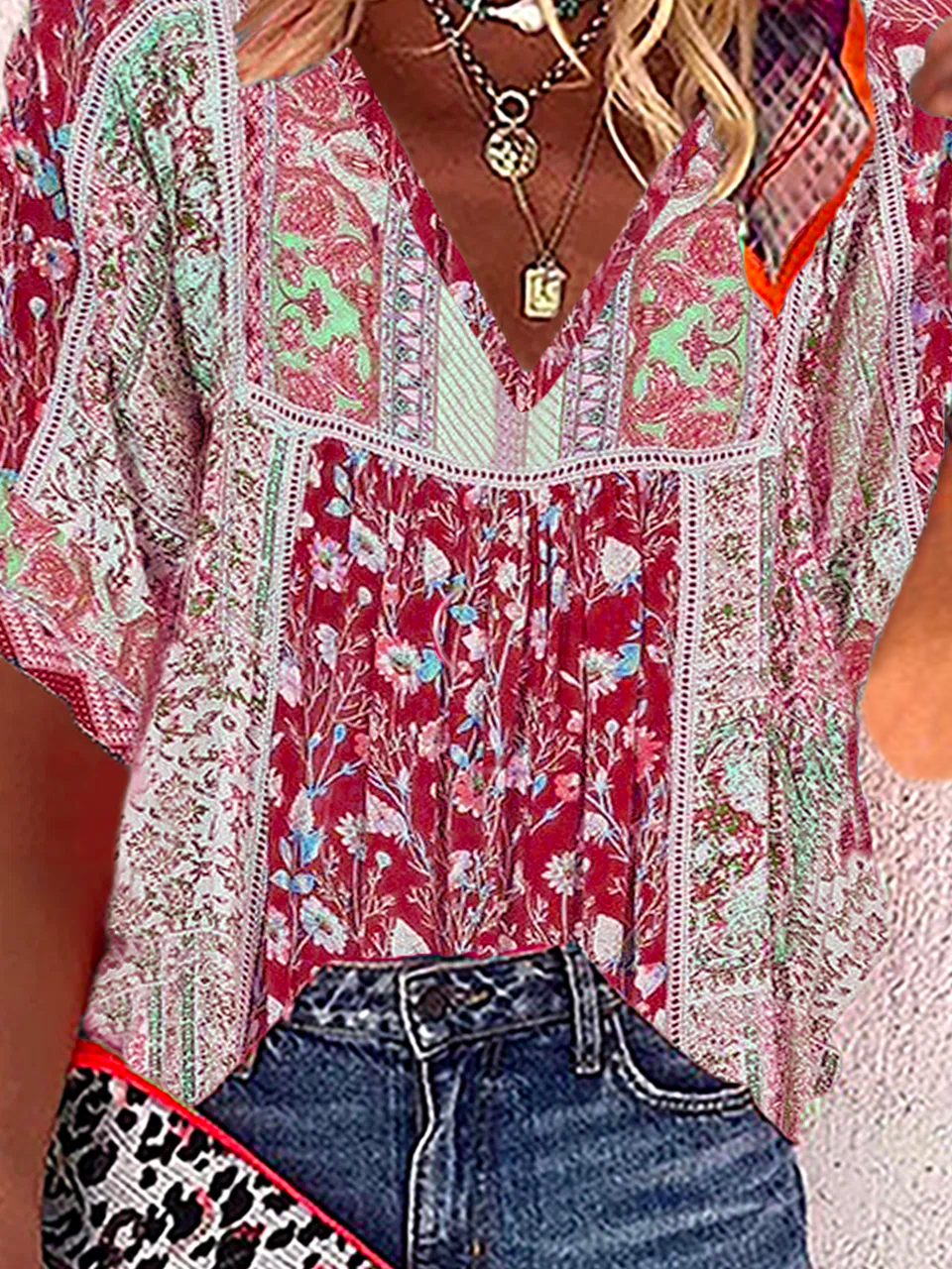 Women's Short Sleeve Blouse Summer Ethnic V Neck Daily Going Out Casual Top