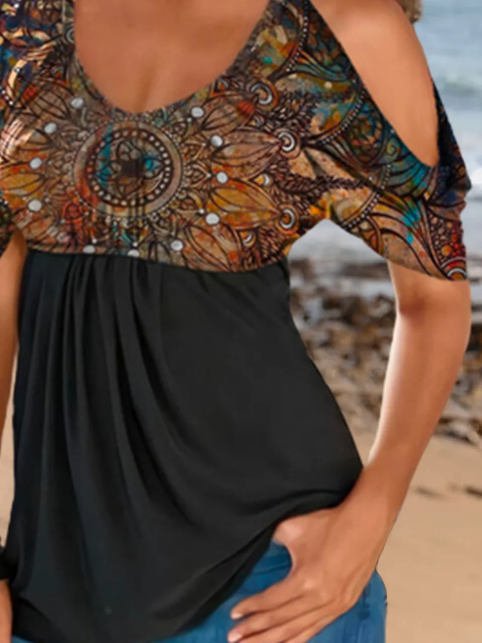 JFN Cold Shoulders Mexican Tribal Casual Blouse