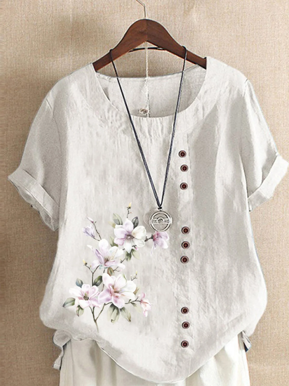 JFN Round Neck Floral Buttoned Casual Blouse | justfashionnow