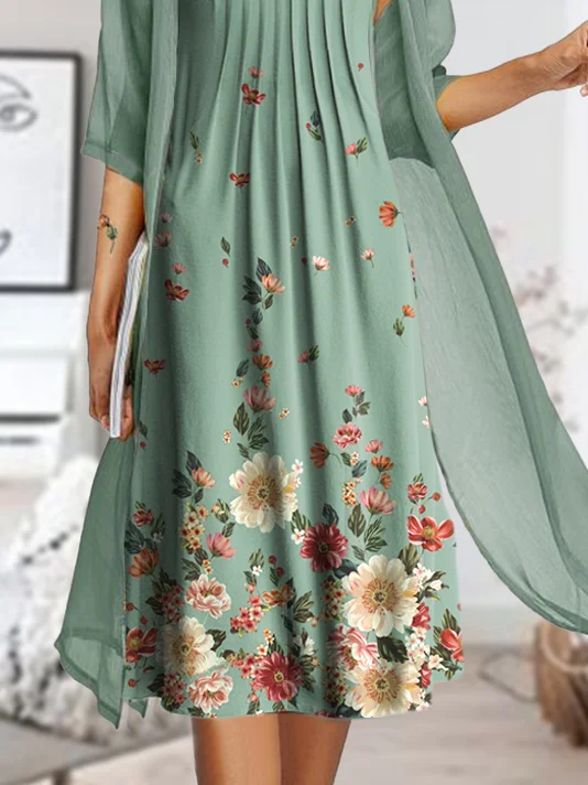 JFN Round Neck Floral Two piece Casual Midi Dress