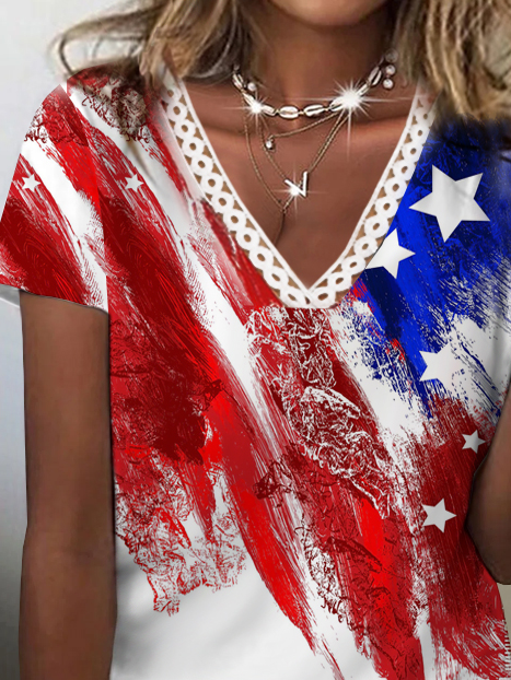 Women's Short Sleeve Tee T-shirt Summer America Flag V Neck Casual Top